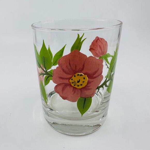 Vintage Floral Glass Franciscan Desert Rose Double Rocks Peach Pink Green Drink - Picture 1 of 6